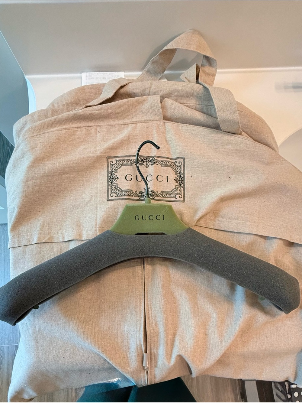 Gucci Beige Canvas Garment Bag with Olive Green Hanger